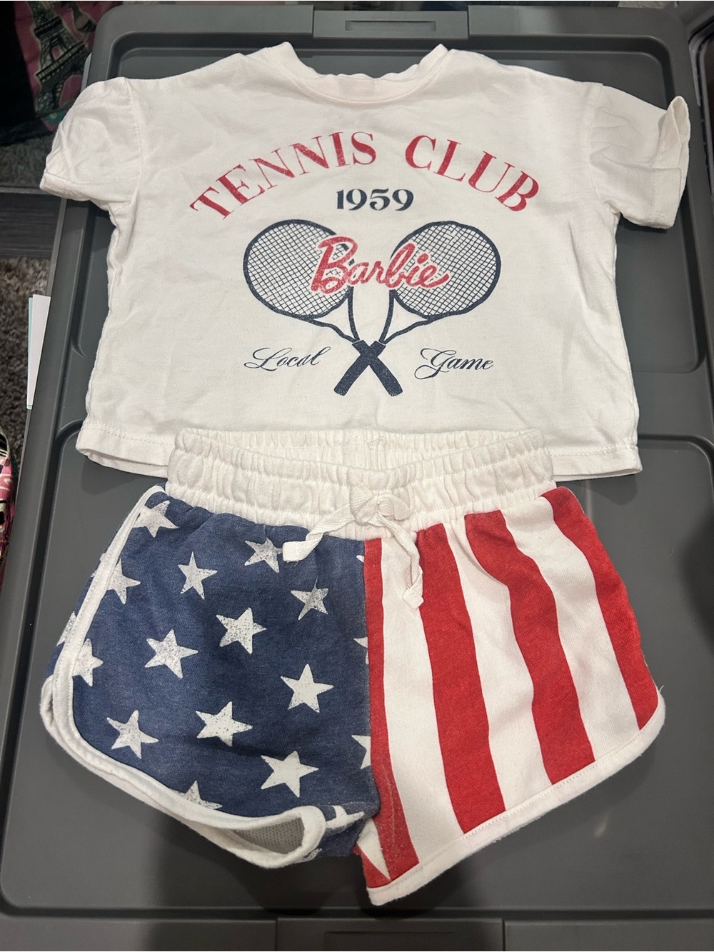 Barbie White Tee with Navy Tennis Rackets and Red Logo